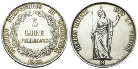 MILANO
Governo Provvisorio di Lombardia, 1848.
5 Lire 1848 rami corti, base sottile e stella vicina.
Ag 
gr. 24,96
Dr. GOVERNO PROVVISORIO DI LOM...