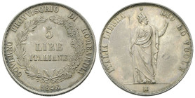 MILANO
Governo Provvisorio di Lombardia, 1848.
5 Lire 1848 rami corti, base sottile e stella lontana.
Ag
gr. 24,89
Dr. GOVERNO PROVVISORIO DI LOM...