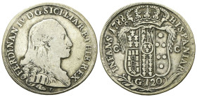 NAPOLI
Ferdinando IV (I) di Borbone, 1759-1816.
Piastra da 120 Grana 1788, sigle P (Perger).
Ag
gr. 26,78
Dr. FERDINAN IV D G SICILIAR ET HIE REX...