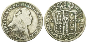 NAPOLI
Ferdinando IV (I) di Borbone, 1759-1816.
Mezza Piastra da 60 Grana 1794.
Ag
gr. 13,42
Dr. FERDINAN IV D G SICILIAR ET HIE REX. Busto coraz...