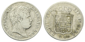 NAPOLI
Ferdinando II di Borbone, 1830-1859.
Tarì 1833.
Ag
gr. 4,49
Dr. Testa giovanile a d.; sotto, la data.
Rv. Stemma coronato.
Pannuti Ricci...