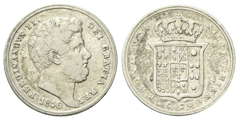 NAPOLI
Ferdinando II di Borbone, 1830-1859.
Tarì 1846.
Ag
gr. 4,53
Dr. Test...