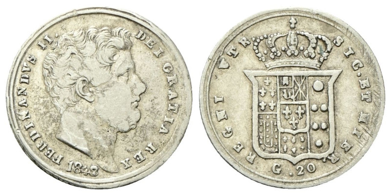 NAPOLI
Ferdinando II di Borbone, 1830-1859.
Tarì 1848.
Ag
gr. 4,53
Dr. Test...