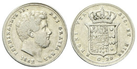 NAPOLI
Ferdinando II di Borbone, 1830-1859.
Tarì 1851,(seconda cifra 1 della data su 0)
Ag
gr. 4,54
Dr. Testa barbuta a d.
Rv. Stemma coronato. ...