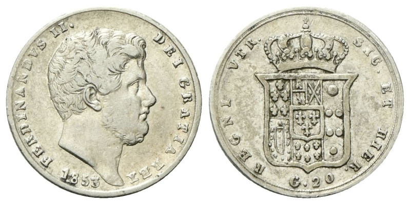 NAPOLI
Ferdinando II di Borbone, 1830-1859.
Tarì 1853.
Ag
gr. 4,57
Dr. Test...