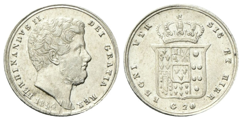 NAPOLI
Ferdinando II di Borbone, 1830-1859.
Tarì 1854.
Ag
gr. 4,56
Dr. Test...