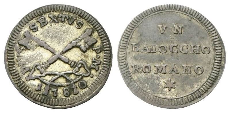 ROMA
Pio VI (Giannangelo Braschi), 1775-1799.
Baiocco 1780.
Mi
gr. 0,78
Dr....