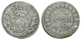 CORSICA
Pasquale Paoli, 1762-1768.
4 Soldi 1767.
Mi
gr. 1,93
Dr. Anepigrafe Stemma coronato in cartella tra due Geni marini.
Rv. Valore e datae ...