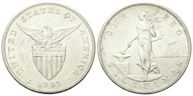 FILIPPINE
Amministrazione Americana. 
Peso 1903, San Francisco.
Ag
gr. 26,93
Dr. Aquila su stemma.
Rv. Figura muliebre batte l’incudine con un m...