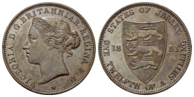 JERSEY
Regina Vittoria, 1837-1901.
1/12 di Shilling 1881.
Æ
gr. 9,44
Dr. Testa diademata a s.
Rv. Stemma con tre leoni; ai lati, valore.
KM#8....