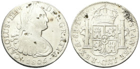 MESSICO
Carlo IV, 1788-1808.
8 Reales 1805 TH, città del Messico.
Ag
gr. 26,84 
Dr. Busto laureato e corazzato a d.
Rv. Stemma coronato tra due ...