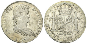 PERÙ
Ferdinando VII di Spagna, 1808-1833.
8 Reales 1817 J.P., zecca di Lima.
Ag
gr. 26,09
Dr.Busto laureato e corazzato a d.
Rv. Stemma coronato...