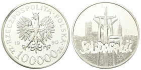 POLONIA
Terza Rapubblica, dal 1989.
100.000 Zlotych 1990, Solidarność.
Ag
gr. 16,51
Dr. Aquila ad ali spiegate; sotto, ZŁ 100000 ZŁ.
Rv. Solidar...