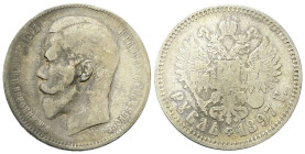 RUSSIA
Nicola II, 1894-1917.
Rublo 1897 **, Bruxelles.
Ag
gr. 19,72
Dr. Б.М.НИКОЛАЙ II ИМПЕРАТОРЪ И САМОДЕРЖЕЦЪ ВСЕРОСС. Testa nuda a s.
Rv. Aqu...