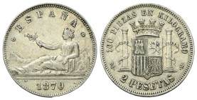 SPAGNA
Governo provvisorio, 1868-1870.
2 Pesetas 1870 (73), Madrid.
Ag
gr. 9,90
Dr. Raffigurazione della Spagna a s., appoggiata di spalle mentre...