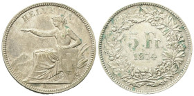 SVIZZERA
Confederazione Elvetica, dal 1848.
5 Franchi 1874 B.
Ag
gr. 24,93
Dr. Elvezia seduta verso s., tiene scudo con croce; sullo sfondo, vedu...