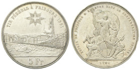 SVIZZERA
Tiri federali.
5 Franchi 1881 Friburg.
Ag
gr. 25,02
Dr. Veduta della città; sopra, croce elvetica raggiante.
Rv. Gruppo statuario.
KM#...