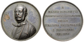 BOLOGNA
Marco Minghetti (politico), 1818-1886.
Medaglia 1860.
Æ
gr. 24,55 mm 44
Dr. Busto, di scorcio, verso s., con giacca, camicia e papillon....