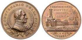 COMO
Alessandro Volta (inventore), 1745-1827.
Medaglia 1899 opus S. Johnson.
Æ
gr. 41,78 mm 44,1
Dr. I° CENTENARIO DELLA PILA / ALESSANDRO - VOLT...