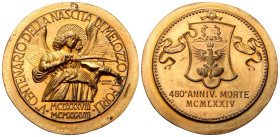 FORLI’
Durante Repubblica Italiana, dal 1946.
Medaglia 1974 opus P. Morbiducci.
Æ dorato
gr. 35,18 mm 41,7
Dr. V CENTENARIO DELLA NASCITA DI MELO...