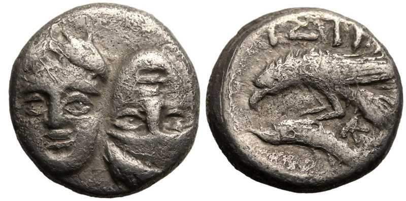 ANCIENT GREECE. MOESIA, ISTROS. 
Silver Drachm, circa 340-313 BC. 
Obv: two yo...