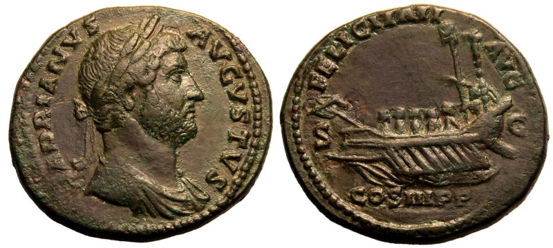 ROMAN EMPIRE. Hadrian.
Bronze As, AD 129-130. Rome.
Obv: HADRIANVS AVGVSTVS, l...