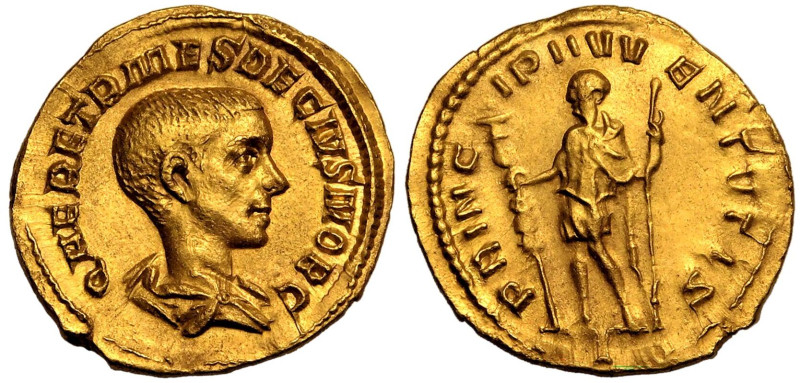 ROMAN EMPIRE. Herennius Etruscus (Caesar). 
Gold Aureus, AD 250-251. Rome. 
Ob...