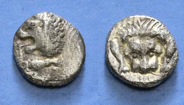 CARIA. Mylasa. Hemiobol (Circa 420-390 BC).
Obv: Forepart of lion right, head l...