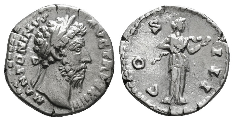 MARCUS AURELIUS (161-180). Denarius. Rome.
Obv: M ANTONINVS AVG TR P XXV.
Laur...