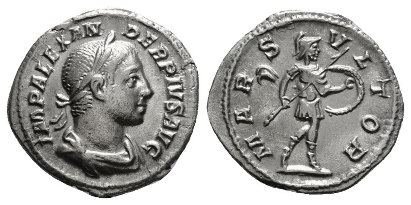 SEVERUS ALEXANDER (222-235). Denarius. Rome.
Obv: IMP ALEXANDER PIVS AVG.
Laur...