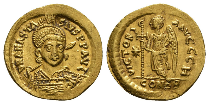 ANASTASIUS I (491-518). GOLD Solidus. Constantinople.
Obv: D N ANASTASIVS P P A...