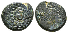 PONTOS. Amisos. Ae (Circa 85-65 BC). Time of Mithradates VI Eupator.
Obv: Aegis facing.
Rev: AMIΣOY.
Nike advancing right with shouldered palm bran...