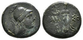 PONTOS. Amisos. Ae (Circa 111-105 or 95-90 BC). Struck under Mithradates VI Eupator.
Obv: Helmeted head of Ares right.
Rev: AMI - ΣOV.
Sword in she...