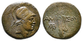 PONTOS. Amisos. Ae (Circa 111-105 or 95-90 BC). Struck under Mithradates VI Eupator.
Obv: Helmeted head of Ares right.
Rev: AMI - ΣOV.
Sword in she...