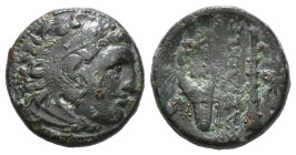 KINGS OF MACEDON. Alexander III 'the Great' (336-323 BC). Ae. Uncertain mint in Macedon.
Obv: Head of Herakles right, wearing lion skin.
Rev: AΛΕΞΑΝ...
