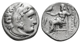 KINGS OF MACEDON. Alexander III 'the Great' (336-323 BC).Drachm. 
Obv: Head of Herakles right, wearing lion skin.
Rev: AΛΕΞΑΝΔΡΟY.
Zeus seated left...