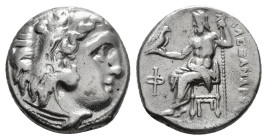 KINGS OF MACEDON. Alexander III 'the Great' (336-323 BC).Drachm. 
Obv: Head of Herakles right, wearing lion skin.
Rev: AΛΕΞΑΝΔΡΟY.
Zeus seated left...