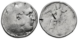 KINGS OF MACEDON. Alexander III 'the Great' (336-323 BC).Tetradrachm. 
Obv: Head of Herakles right, wearing lion skin.
Rev: AΛΕΞΑΝΔΡΟY.
Zeus seated...