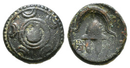 KINGS OF MACEDON. Philip III Arrhidaios (323-317 BC). Ae 1/2 Unit. Uncertain mint in western Asia Minor.
Obv: Macedonian shield
Rev:Helmet. Controls...