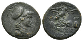 PHRYGIA. Apameia. Ae (Circa 88-40 BC).
Obv: Helmeted bust of Athena right, wearing aegis.
Rev: AΠAMEΩN
Eagle landing right on maeander pattern; sta...