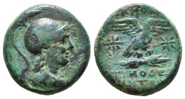 PHRYGIA. Apameia. Ae (Circa 88-40 BC).
Obv: Helmeted bust of Athena right, wearing aegis.
Rev: AΠAMEΩN
Eagle landing right on maeander pattern; sta...