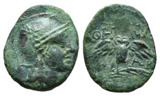 MYSIA. Pergamon. Ae (Circa 200-133 BC).
Obv: Head of Athena right, wearing helmet decorated with star.
Rev: AΘHNAΣ / NIKHΦOPOY.
Owl standing facing...