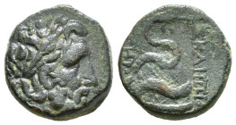 MYSIA. Pergamon. Ae (Mid-late 2nd century BC).
Obv: Laureate head of Asklepios right.
Rev: ΑΣΚΛΕΠΙΟΥ / ΣΩΤΗΡΟΣ.
Serpent coiled right around omphalo...