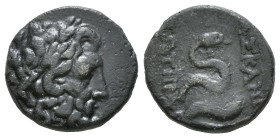 MYSIA. Pergamon. Ae (Mid-late 2nd century BC).
Obv: Laureate head of Asklepios right.
Rev: ΑΣΚΛΕΠΙΟΥ / ΣΩΤΗΡΟΣ.
Serpent coiled right around omphalo...