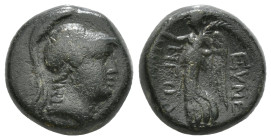 PHRYGIA.Eumeneia.(Circa 133-0 BC).Ae.
Obv : Helmeted head of Athena right.
Rev : ΕΥΜΕ ΝΕΩΝ ΔΙΟΝΥΣ.
Nike advancing left, holding wreath and palm bra...