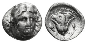 CARIA. Rhodes. Hemidrachm (Circa 340-316 BC).
Obv: Head of Helios facing slightly right.
Rev: P - O.
Rose with bud to right. Control: Grape bunch t...