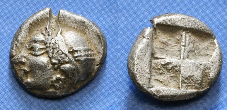 IONIA. Phokaia. Diobol (Circa 521-478 BC).
Obv: Archaic female head left, weari...