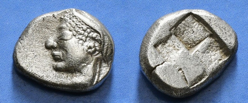 IONIA. Phokaia. Diobol (Circa 521-478 BC).
Obv: Archaic female head left, weari...