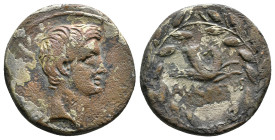 AUGUSTUS (27 BC-14 AD).Plated Silver Cistophorus. Pergamum. AE
Obv: IMP CAESAR.
Bare head right.
Rev: AVGVSTVS.
Capricorn right, head left, bearin...
