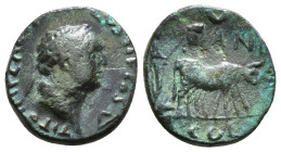 PISIDIA. Antioch. Titus (Caesar, 69-79). Ae.
Obv: T CAES IMP PONT.
Laureate head right.
Rev: ANT / COL.
Founder plowing right, with yoke of oxen; ...